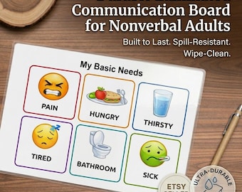Tablero de comunicación para necesidades básicas: tablero físico, laminado y enviado por correo.