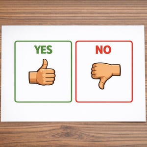 Puede incluir: Un papel blanco con dos cuadros rectangulares, uno verde y otro rojo. El cuadro verde dice "SÍ" con una ilustración de pulgar hacia arriba. El cuadro rojo dice "NO" con una ilustración de pulgar hacia abajo. El papel está sobre una superficie de madera.