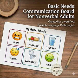 Puede incluir: Un tablero de comunicación para adultos no verbales con el texto "Basic Needs Communication Board for Nonverbal Adults". El tablero muestra seis necesidades ilustradas: dolor, hambre, sed, cansancio, baño y enfermo. El tablero está sobre una superficie de madera.