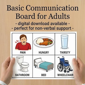 May include: A communication board for adults, held by hands, with illustrations and words. The board includes images for pain, hunger, thirst, bathroom, bed, and wheelchair. Text at the top reads "Basic Communication Board for Adults".