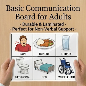 May include: A laminated communication board for adults, held by hands. The board features illustrations for pain, hunger, thirst, bathroom, bed, and wheelchair, with corresponding text labels. The title reads "Basic Communication Board for Adults."