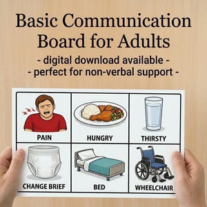 May include: A communication board for adults with illustrations for pain, hunger, thirst, a change brief, bed, and a wheelchair. The text reads "Basic Communication Board for Adults".