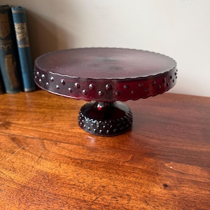L.E. Smith Ruby Red Hobnail Trim Pedestal Cake Plate