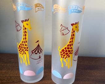 A Pair of Vintage Libbey Frosted Giraffes and Circus Tents Tall Iced Beverage Glasses circa 1950