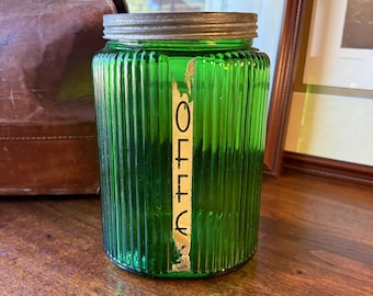 Vintage-Kaffeedose aus grünem Glas im Hoosier-Stil mit Metalldeckel