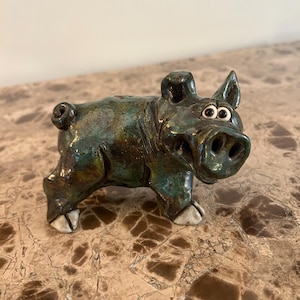 Vintage Cudd Pig Figurine, Whimsical Green Glazed Welsh Studio Pottery
