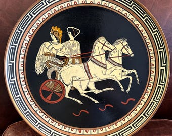 Handgemachte griechische Streitwagen Platte, schwarze Figur Keramik, Krieger Szene Wandkunst