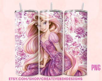 Princess Rapunzel Floral 20oz Skinny Tumbler Template PNG, Rapunzel Coffee Skinny Tumbler Wrap Design PNG