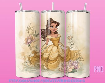 Princess Belle Yellow Watercolor 20oz Skinny Tumbler Template PNG Beauty and the Beast Coffee Skinny Tumbler Wrap Design PNG
