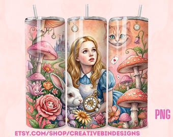 Alice In Wonderland Tumbler Wrap, Whimsical Fantasy Sublimation Design (PNG)