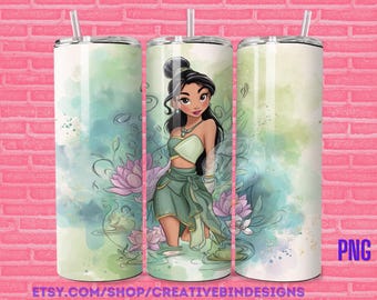 Princess Mulan Watercolor 20oz Skinny Tumbler Template PNG, Mulan Coffee Skinny Tumbler Wrap Design PNG