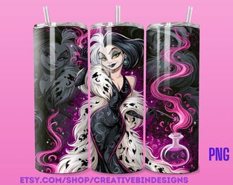 Villains Cruella Hot Pink 20oz Skinny Tumbler Template PNG, Mulan Coffee Skinny Tumbler Wrap Design PNG