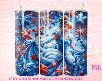 Princess Cinderella 4th of July 20oz Skinny Tumbler PNG, Patriotic Tumbler, Independence Day Coffee Skinny Tumbler Wrap Design PNG