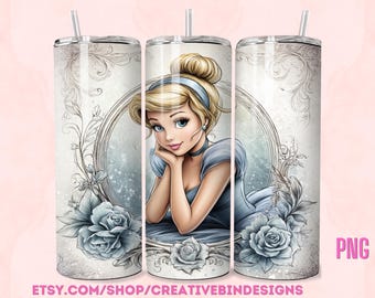 Princess Cinderella Whimsical 20oz Skinny Tumbler Template PNG, Cinderella Coffee Skinny Tumbler Wrap Design PNG