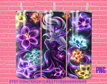 Villains Ursula Hot Pink Summer Glow 20oz Skinny Tumbler Template PNG, Mulan Coffee Skinny Tumbler Wrap Design PNG
