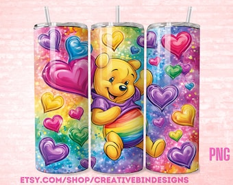Winnie the Pooh and Friends Pride Hearts Rainbows LGBTQ 20oz Skinny Tumbler png, Pooh Tigger Piglet Eeyore Coffee Skinny Tumbler Wrap PNG