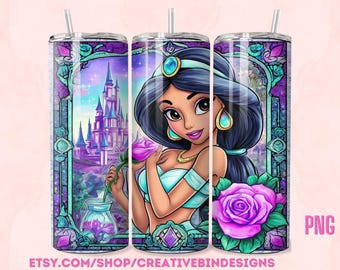 Princess Jasmine with Rose 20oz Skinny Tumbler Template PNG, Aladdin Coffee Skinny Tumbler Wrap Design PNG File Digital Download