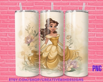Princess Belle Yellow Watercolor 20oz Skinny Tumbler Template PNG Beauty and the Beast Coffee Skinny Tumbler Wrap Design PNG