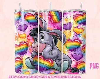 EEYORE and Friends Pride Hearts Rainbows LGBTQ 20oz Skinny Tumbler png, Pooh Tigger Piglet Eeyore Coffee Skinny Tumbler Wrap PNG