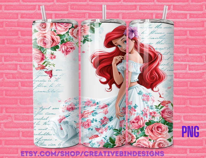 May include: A stainless steel tumbler featuring a princess with long red hair, a white dress, and a floral design. The tumbler is adorned with pink roses and script. A straw is included. The text "PNG" is visible.