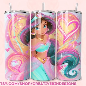 May include: Three stainless steel tumblers with a princess design. The tumblers feature a vibrant illustration of a princess with teal and pink accents, surrounded by hearts and swirls. Each tumbler has a straw.