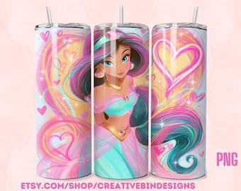 Princess Jasmine Whimsy Heart 20oz Skinny Tumbler Template PNG, Aladdin Coffee Skinny Tumbler Wrap Design PNG