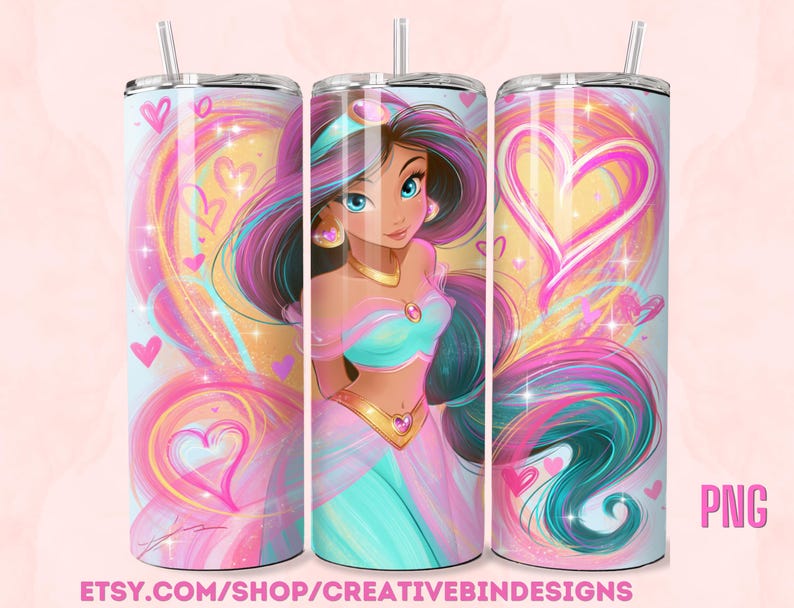 May include: Three stainless steel tumblers with a princess design. The tumblers feature a vibrant illustration of a princess with teal and pink accents, surrounded by hearts and swirls. Each tumbler has a straw.