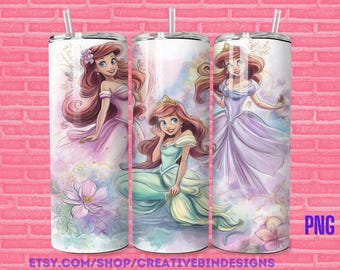 Prinzessin Ariel Aquarell 20 Unzen Skinny Tumbler Vorlage PNG, Die Kleine Meerjungfrau Feuerwerk Kaffee Skinny Tumble Wrap Design PNG