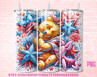 Winnie the Pooh and Piglet 4th of July 20oz Skinny Tumbler PNG, Patriotic Tumbler, Independence Day Coffee Skinny Tumbler Wrap Design PNG