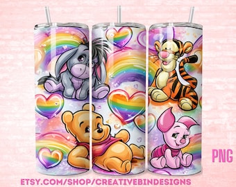 Winnie the Pooh and Friends Pride Hearts Regenbogen LGBTQ 20oz Skinny Tumble PNG, Pooh Tigger Piglet Eeyore Coffee Skinny Tumbler Wrap PNG