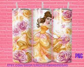 Princess Belle Floral Beauty Hearts 20 Unzen Skinny Tumbler Vorlage PNG, Beaty und das Biest Kaffee Skinny Tumble Wrap Design PNG