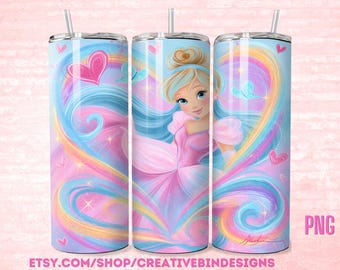 Princess Cinderella Whimsy Heart 20oz Skinny Tumbler Template PNG, Cinderella Coffee Skinny Tumbler Wrap Design PNG