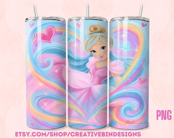 Princess Cinderella Whimsy Heart 20oz Skinny Tumbler Template PNG, Cinderella Coffee Skinny Tumbler Wrap Design PNG