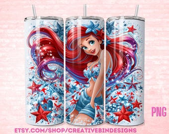 Princess Ariel 4th of July 20oz Skinny Tumbler PNG, Patriotic Tumbler, Independence Day Coffee Skinny Tumbler Wrap Design PNG