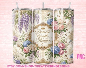 Bridgerton Floral Design Elegant Tumbler 20oz Wrap , Dearest Gentle Readers, Purple Floral Design PNG