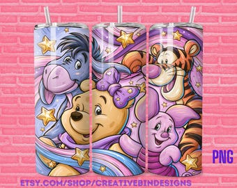 Winnie the Pooh and Friends Starry Swirls 20oz Skinny Tumbler PNG, Eeyore, Piglet, Tigger Tumbler, Coffee Skinny Tumbler Wrap Design PNG