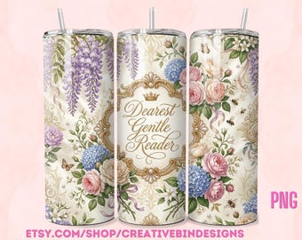 Bridgerton Floral Design Elegant Tumbler 20oz Wrap , Dearest Gentle Readers, Purple Floral Design PNG