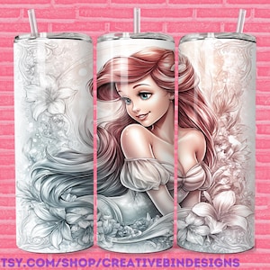 Prinsessan Ariel nyckfullt hjärta 20oz smalt tumblermall PNG, Den lilla sjöjungfrun fyrverkerier kaffe smalt tumbleromslagsdesign PNG bild 1