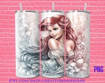 Princess Ariel Whimsical Heart 20oz Skinny Tumbler Template PNG, The Little Mermaid Fireworks Coffee Skinny Tumbler Wrap Design PNG