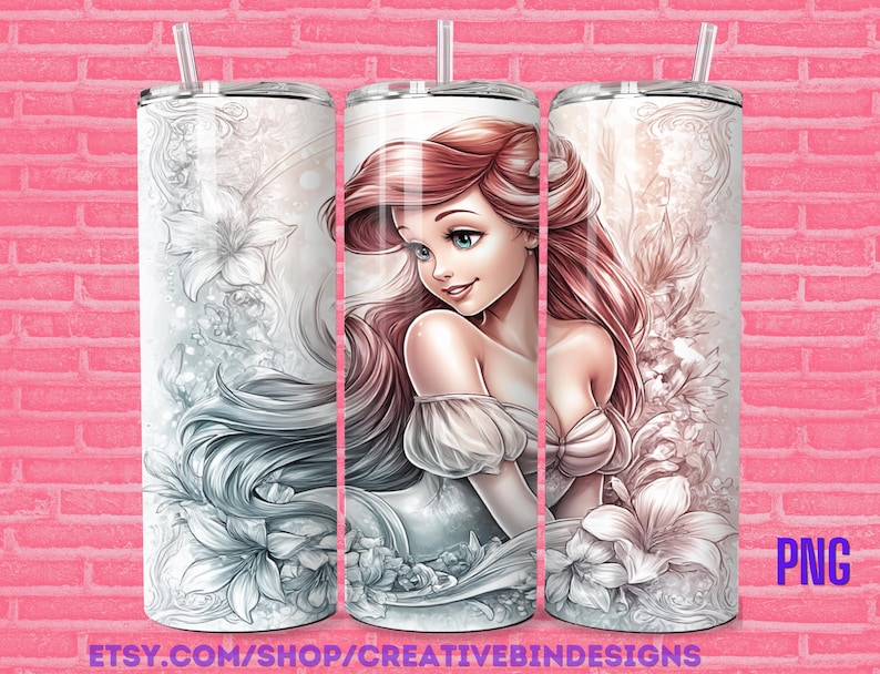 Prinsessan Ariel nyckfullt hjärta 20oz smalt tumblermall PNG, Den lilla sjöjungfrun fyrverkerier kaffe smalt tumbleromslagsdesign PNG bild 1