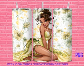 Princess Tiana Elegant Flowers 20oz Skinny Tumbler Template PNG, Aladdin Coffee Skinny Tumbler Wrap Design PNG