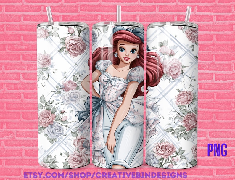 May include: A 20oz stainless steel tumbler featuring a floral design with pink and blue roses, a diamond pattern, and a cartoon illustration of a princess. The tumbler has a straw and a lid. The text "PNG" is visible.