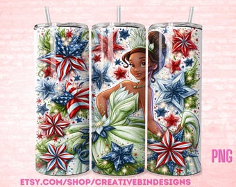 Princess Tiana 4th of July 20oz Skinny Tumbler PNG, Patriotic Tumbler, Independence Day Coffee Skinny Tumbler Wrap Design PNG