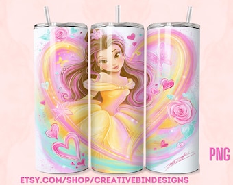 Princess Belle Whimsy Heart 20oz Skinny Tumbler Template PNG, Beauty and the Beast Coffee Skinny Tumbler Wrap Design PNG