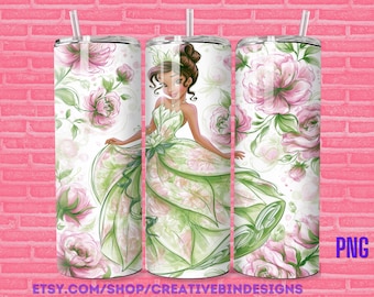 Princess Tiana Watercolor Pink Flowers 20oz Skinny Tumbler Template PNG, Princess and the Frog Coffee Skinny Tumbler Wrap Design PNG