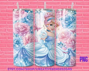 Princess Cinderella Blue Rose 20oz Skinny Tumbler Template PNG, Cinderella Coffee Skinny Tumbler Wrap Design PNG File Digital Download