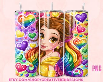 Princess Belle Pride Hearts Rainbows LGBTQ 20oz Skinny Tumbler Template PNG Beauty and the Beast Coffee Skinny Tumbler Wrap Design PNG