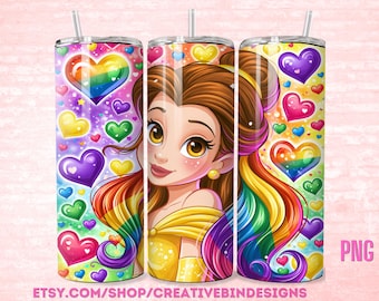Princess Belle Pride Hearts Rainbows LGBTQ 20oz Skinny Tumbler Template PNG Beauty and the Beast Coffee Skinny Tumbler Wrap Design PNG