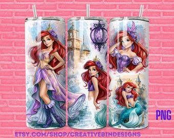 Princess Ariel Watercolor 20oz Skinny Tumbler Template PNG, The Little Mermaid Fireworks Coffee Skinny Tumbler Wrap Design PNG