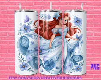 Princess Ariel Blue Floral 20oz Skinny Tumbler Template PNG, The Little Mermaid Fireworks Coffee Skinny Tumbler Wrap Design PNG